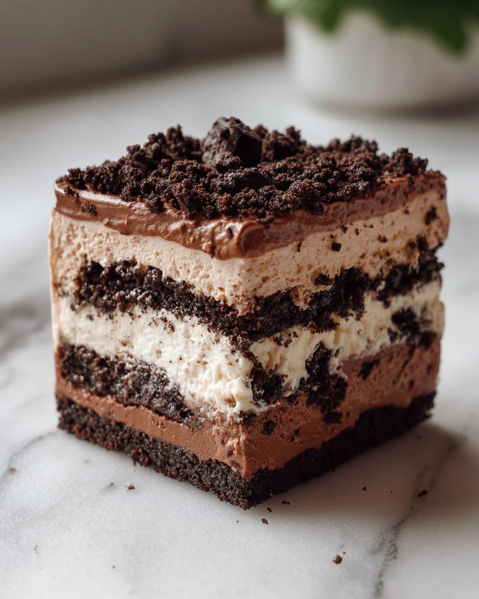 A square slice of layered dirt cake featuring dark chocolate crusts, creamy white filling, and chocolate mousse layers, topped with crumbs.