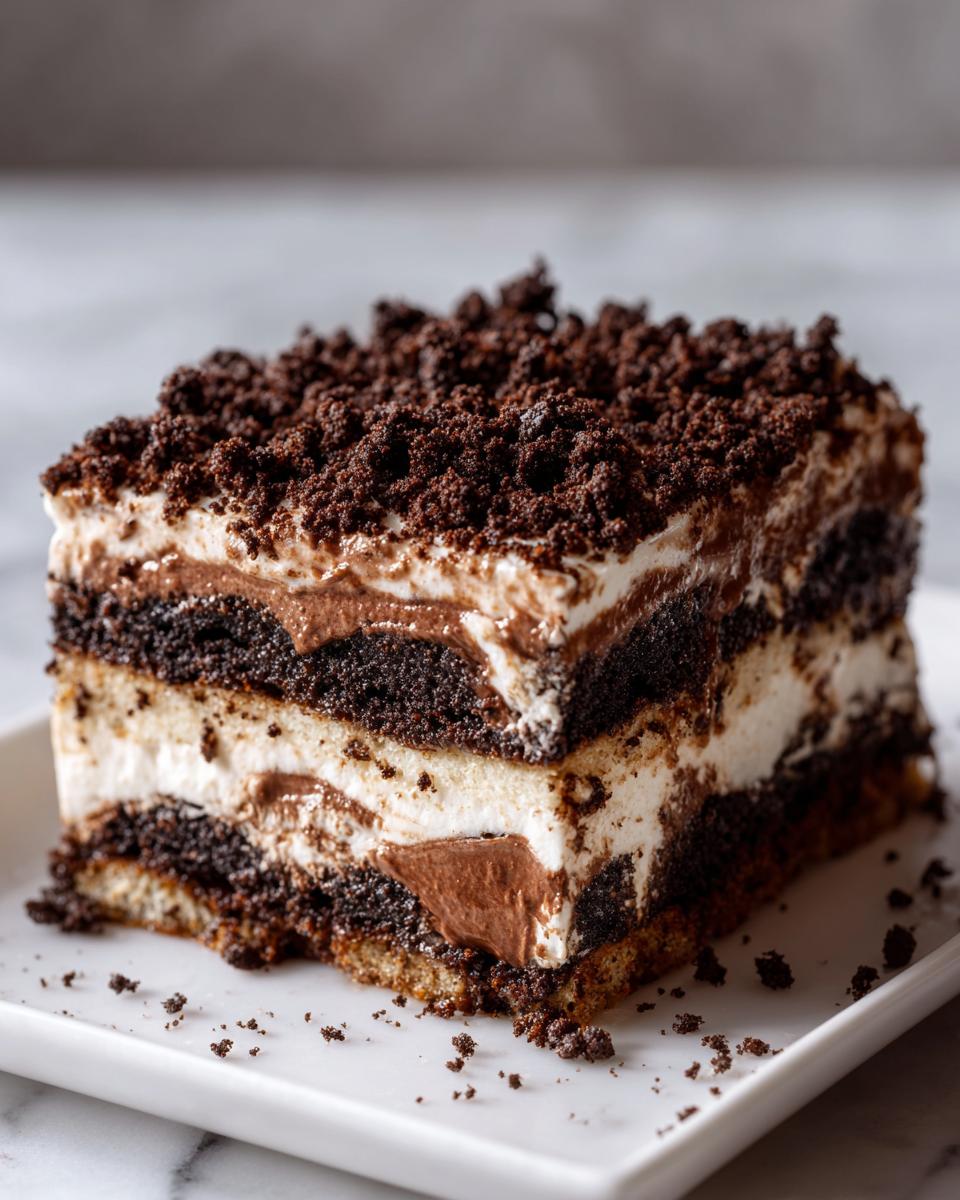 Close-up of a layered slice of no-bake dirt cake with chocolate cookie crumbs and creamy filling.