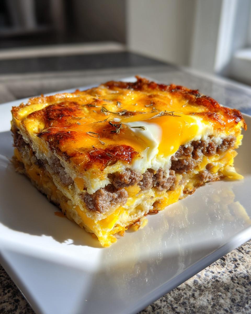A square slice of layered christmas breakfast casserole featuring sausage, cheese, and a baked egg on top.