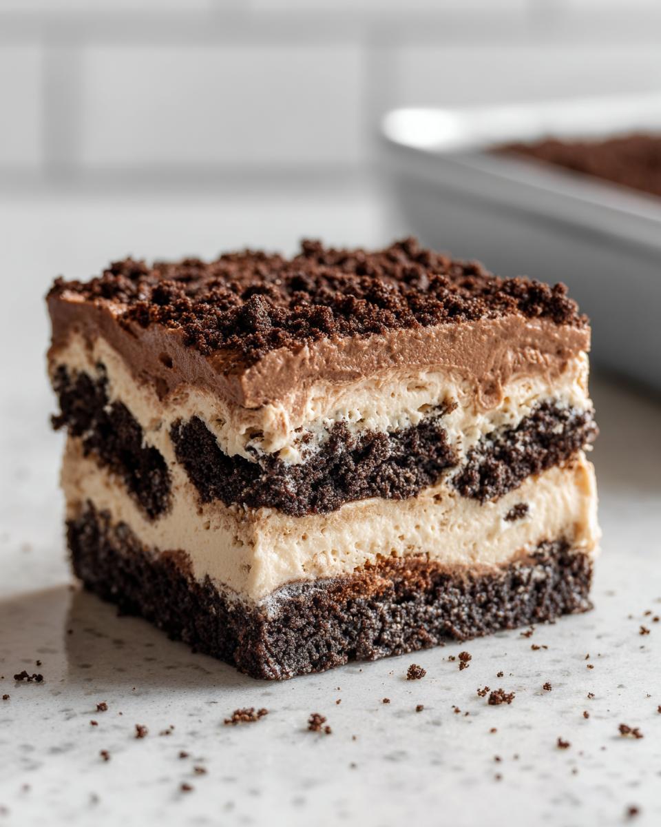 A perfect square slice of layered dirt cake showing chocolate crumb layers and creamy filling, topped with chocolate crumbs.