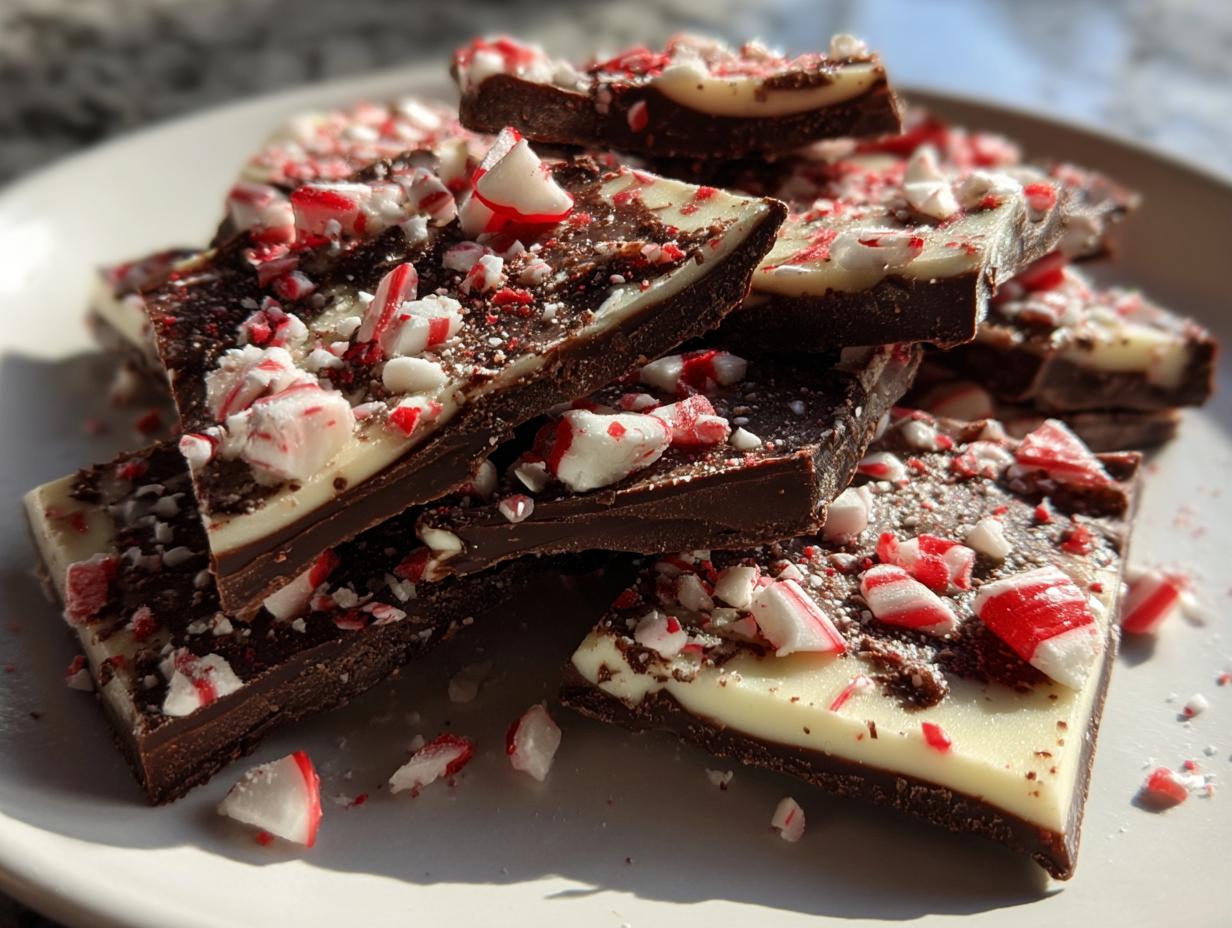 A stack of broken pieces of layered dark and white chocolate peppermint bark topped with crushed candy canes.