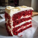 A tall, decadent slice of red velvet cake showing three layers of vibrant red cake separated by thick white cream cheese frosting.