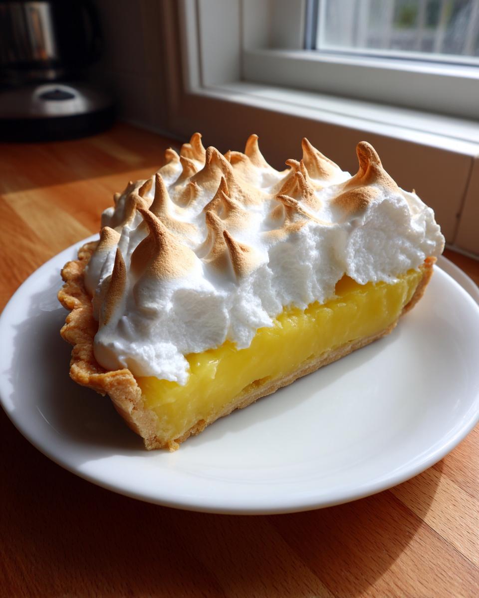 A slice of bright yellow lemon meringue pie featuring a thick layer of toasted meringue peaks on a white plate.