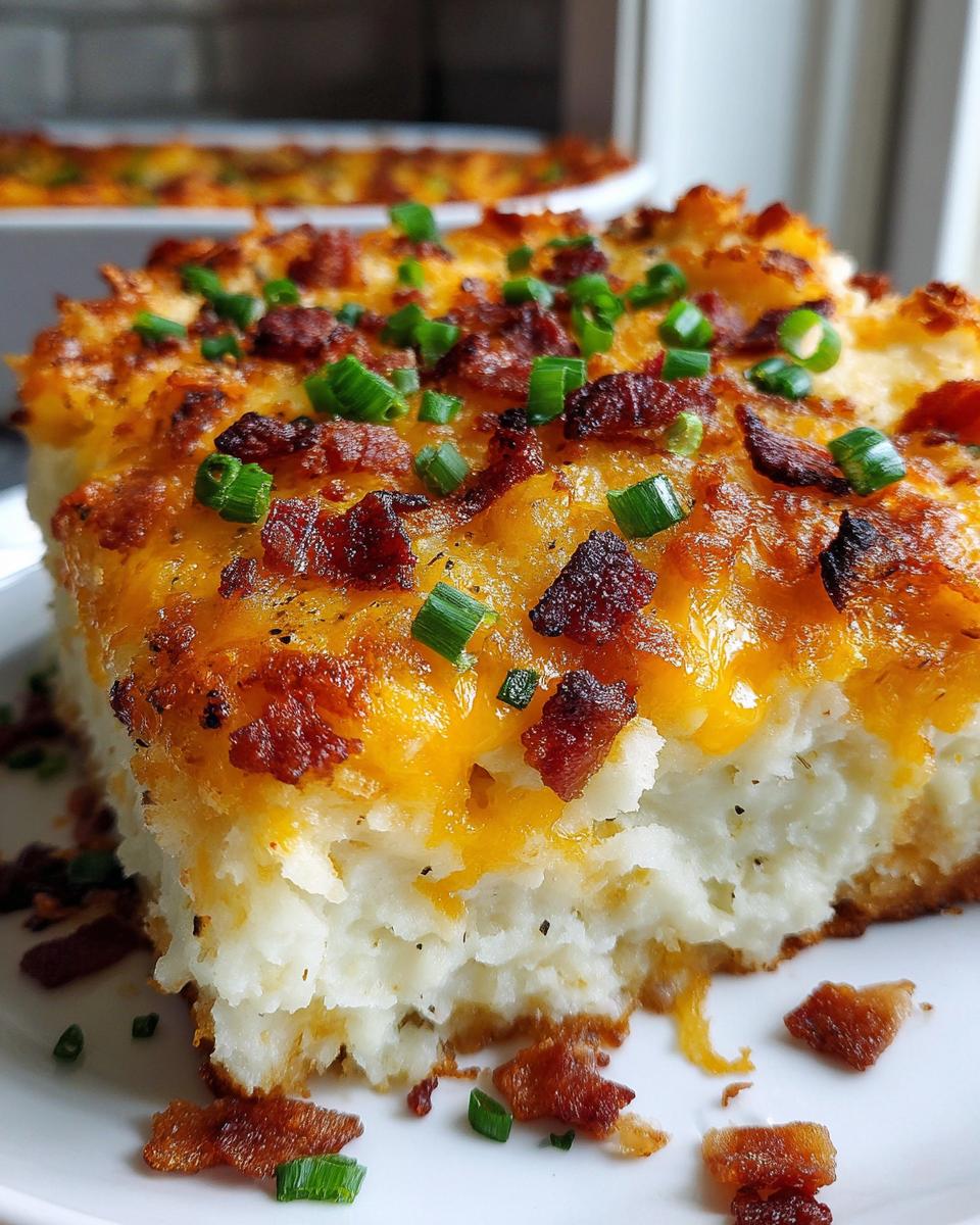 A close-up of a thick slice of baked mashed potato casserole topped with melted cheddar cheese, bacon bits, and chives.