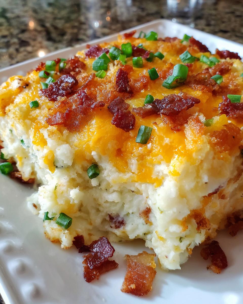 A close-up of a serving of loaded mashed potato casserole topped with melted cheddar, crispy bacon bits, and green onions.