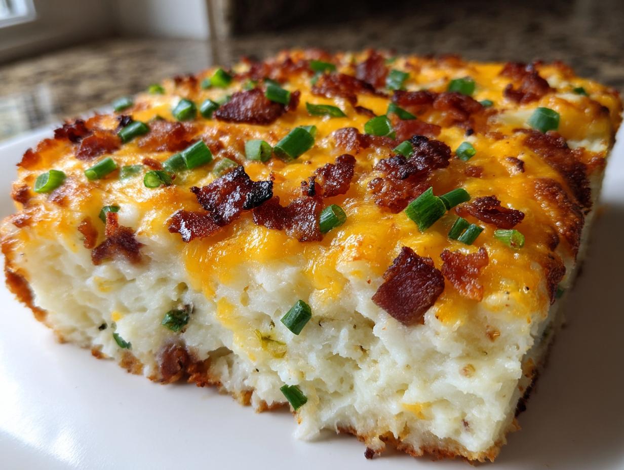 A close-up of a serving of baked mashed potato casserole topped with melted cheddar cheese, bacon bits, and chives.