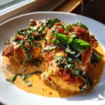 Two golden-brown pieces of Marry Me Chicken smothered in a creamy, orange-hued sauce and topped with fresh basil.