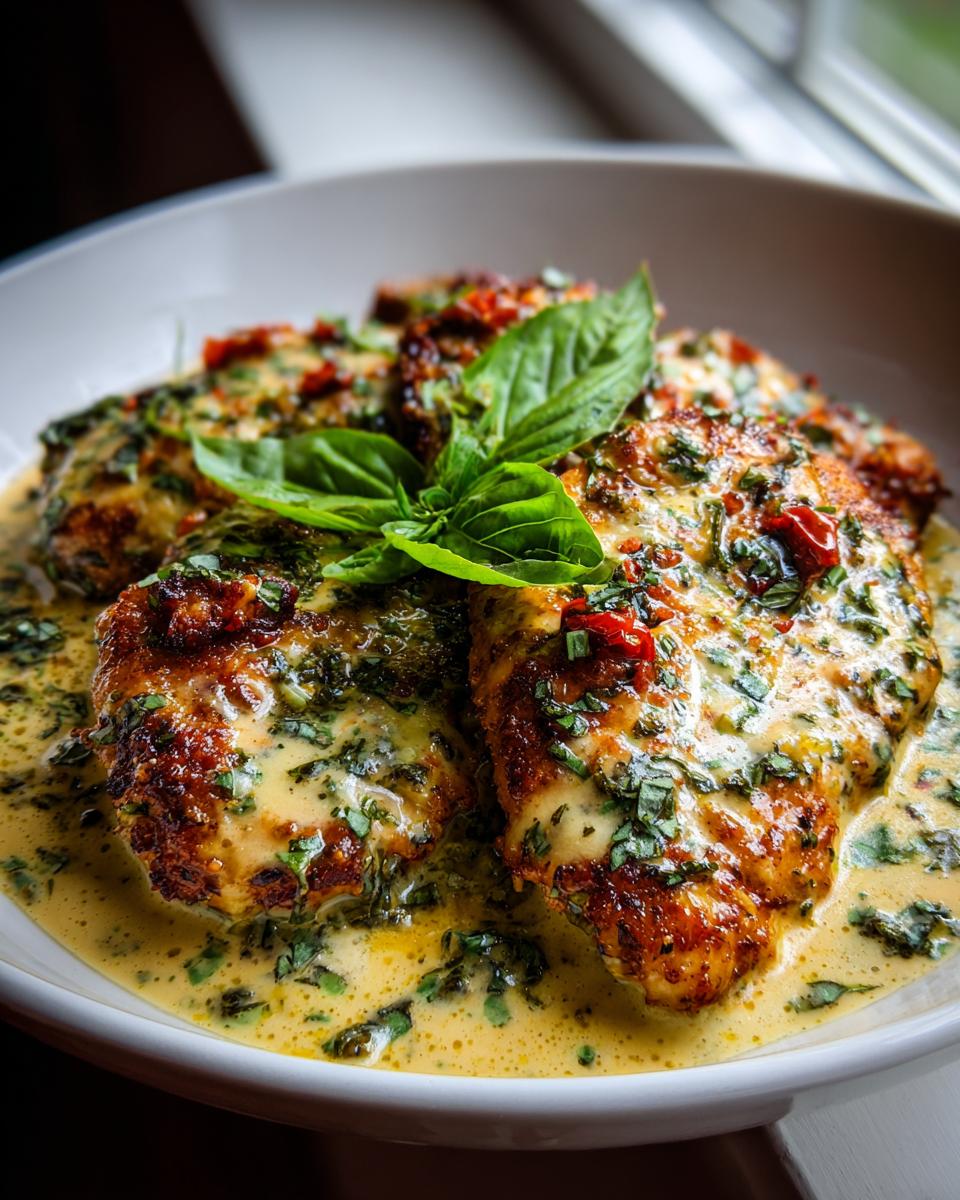 Close-up of pan-seared Marry Me Chicken breasts covered in a rich, creamy sauce with herbs and sun-dried tomatoes.