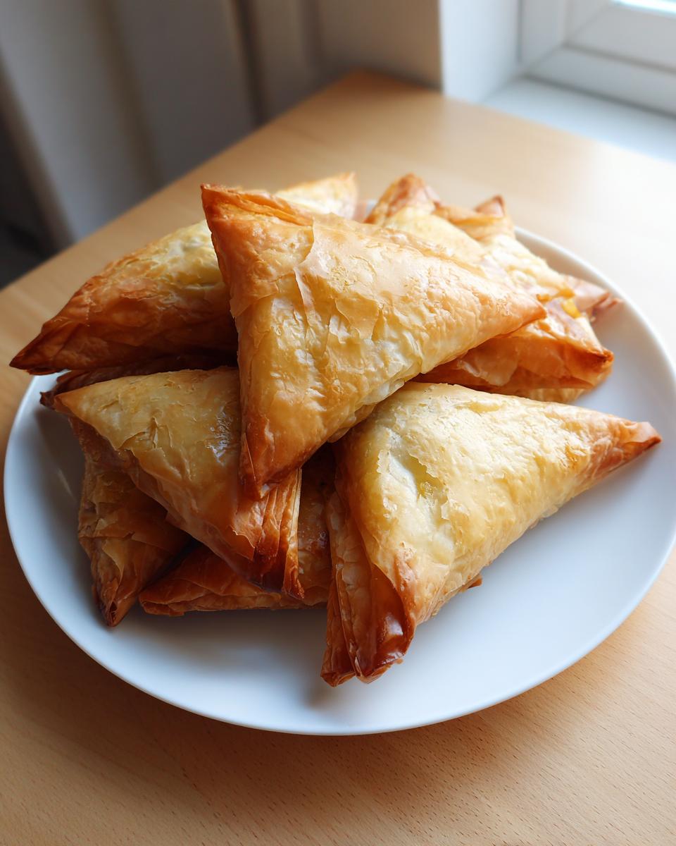 A pile of golden brown, flaky Mediterranean Spinach and Feta Cheese Crisps stacked on a white plate.