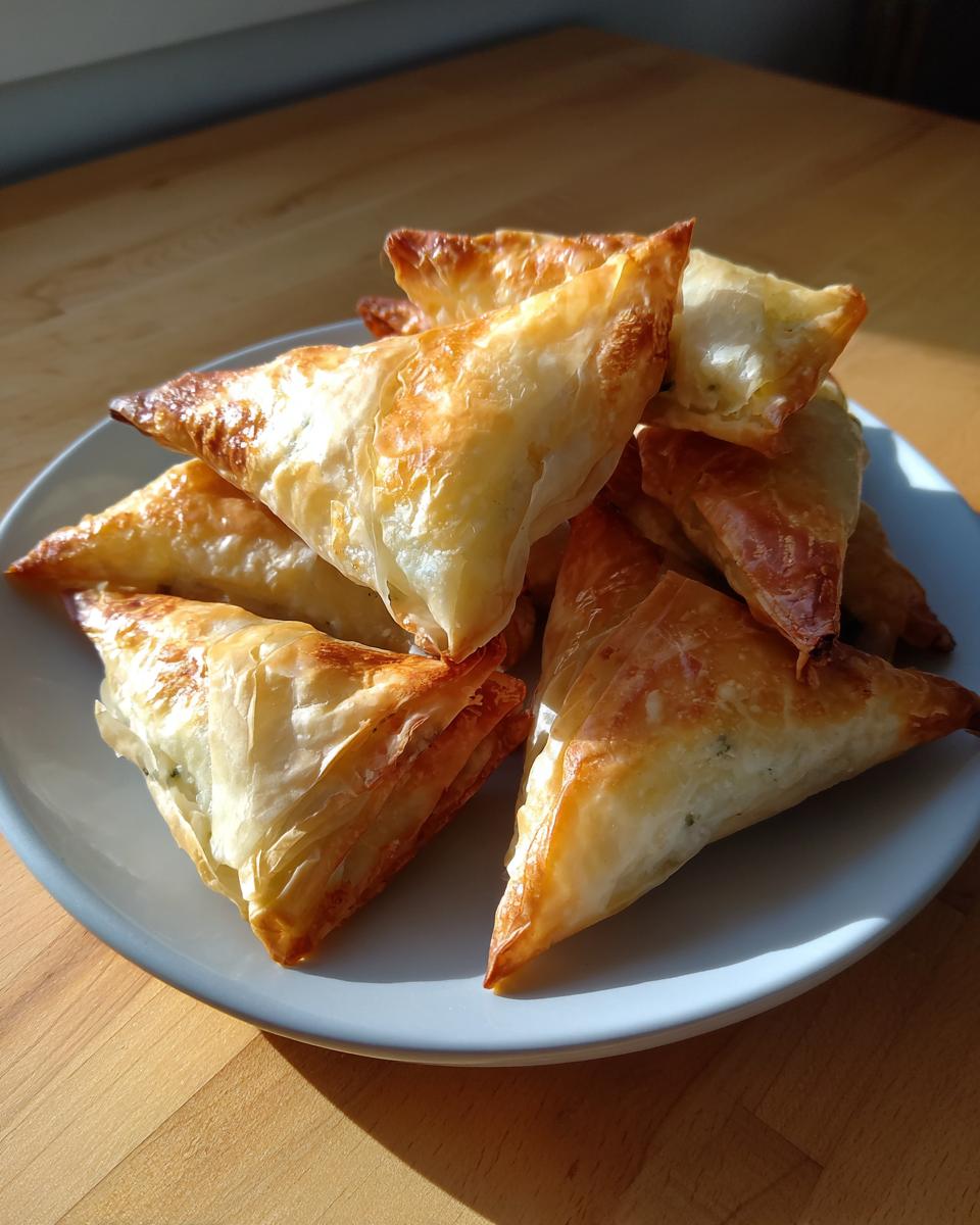 A pile of golden brown, flaky Mediterranean Spinach and Feta Cheese Crisps on a light blue plate.