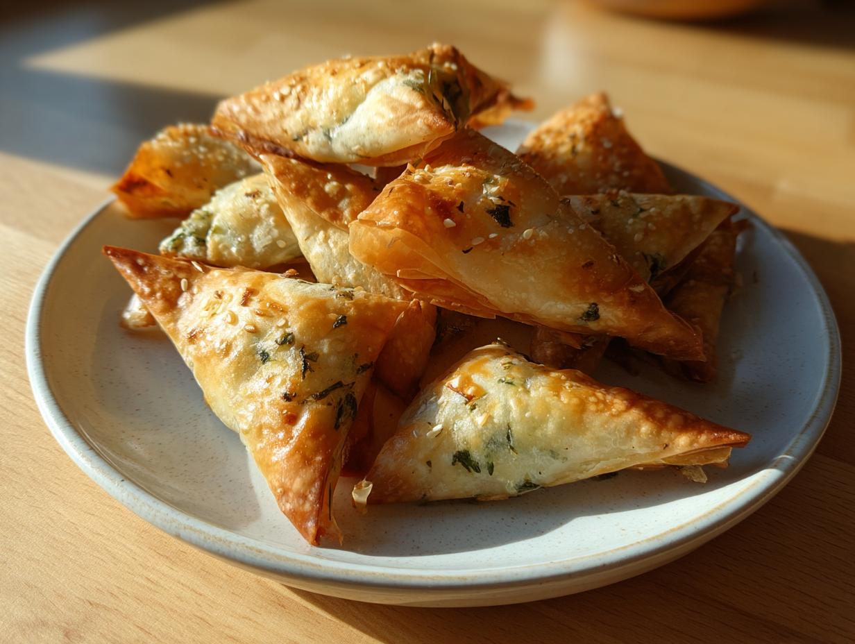 A pile of golden brown Mediterranean Spinach and Feta Cheese Crisps sprinkled with sesame seeds on a light plate.