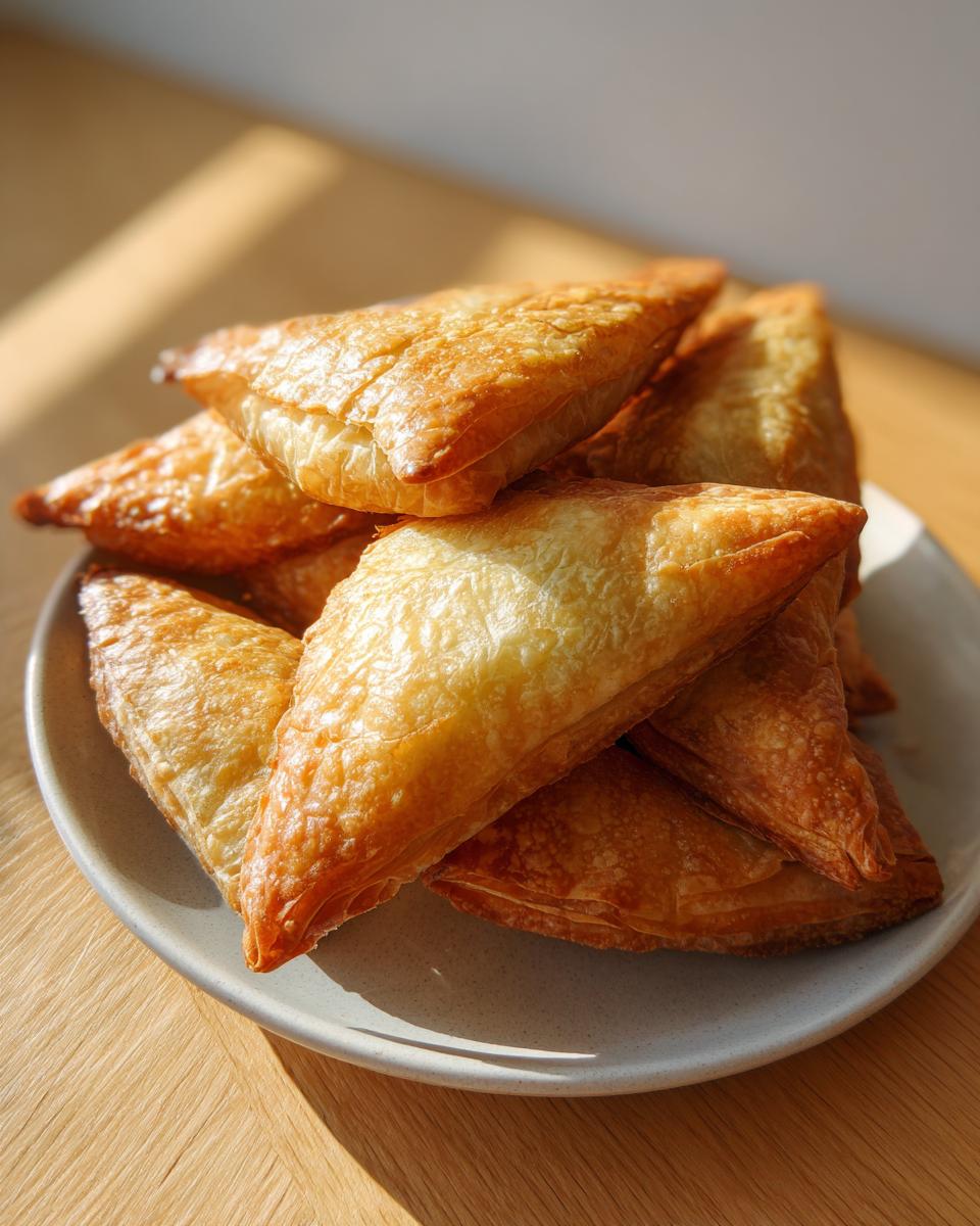 A stack of golden-brown, flaky Mediterranean Spinach and Feta Cheese Crisps piled on a light speckled plate.