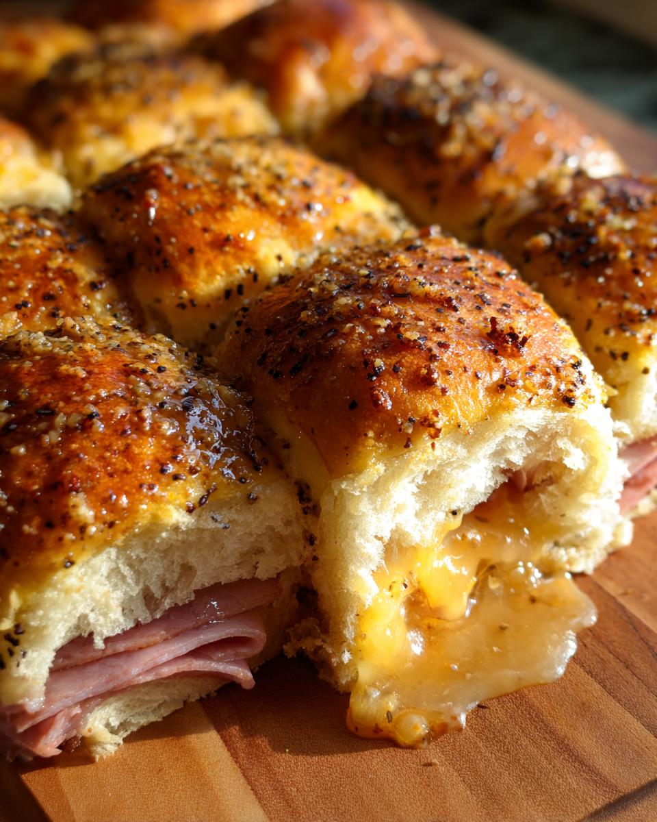 Close-up of freshly baked Ham and Cheese Sliders with melted cheese oozing out, topped with poppy seeds.