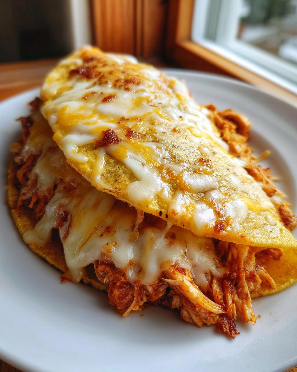 Close-up of a folded tortilla filled with shredded, saucy chicken and topped with melted white and yellow cheese, resembling chicken tacos.