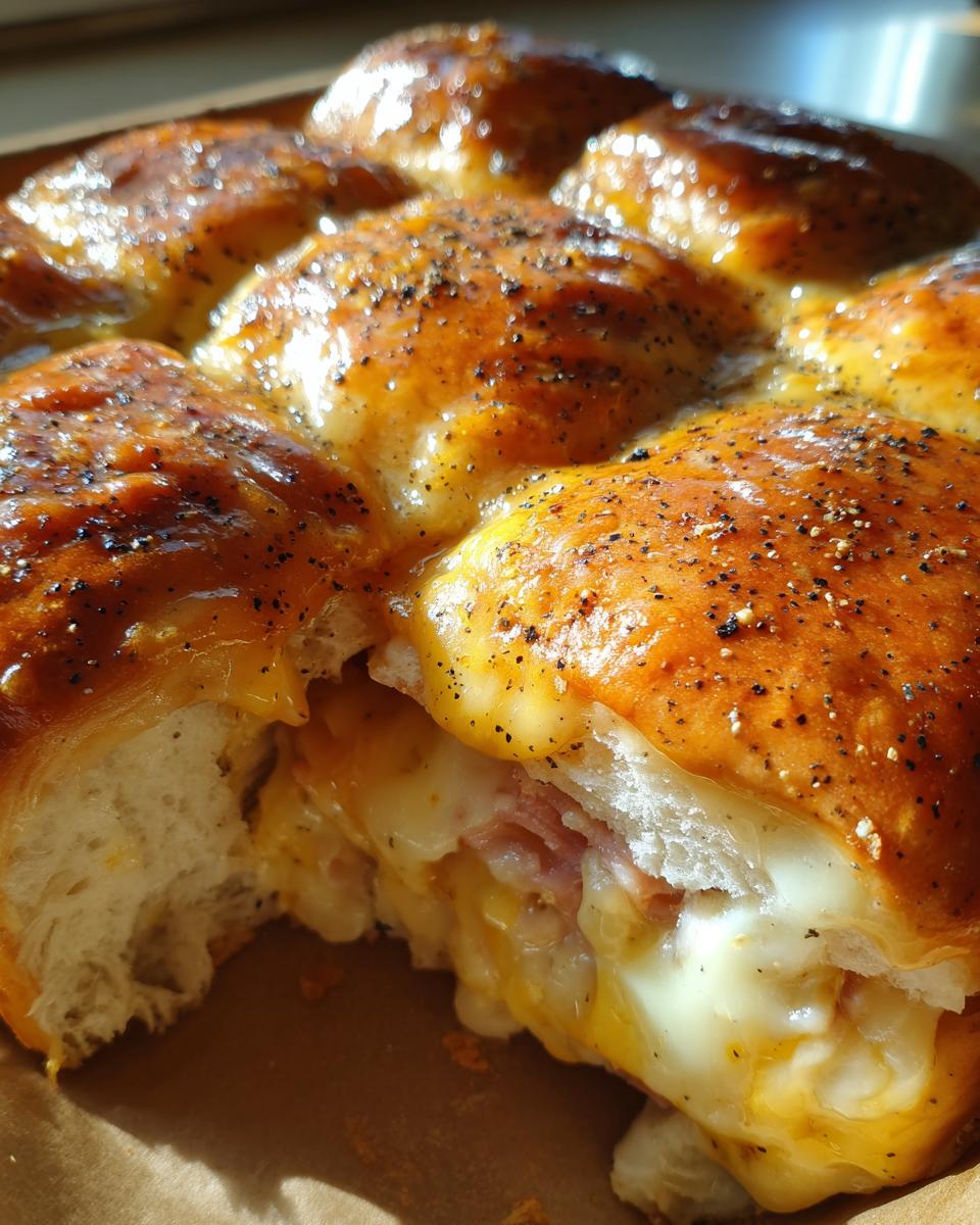 Close-up of baked Ham and Cheese Sliders showing gooey melted cheese and ham inside a golden, poppy seed-topped roll.