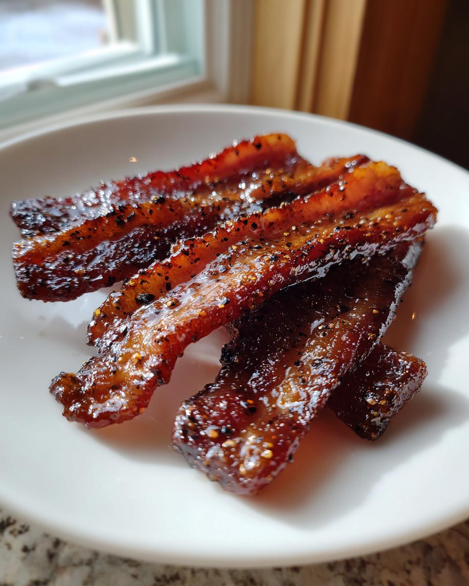 Close-up of several glossy, candied slices of Millionaire bacon seasoned with black pepper.