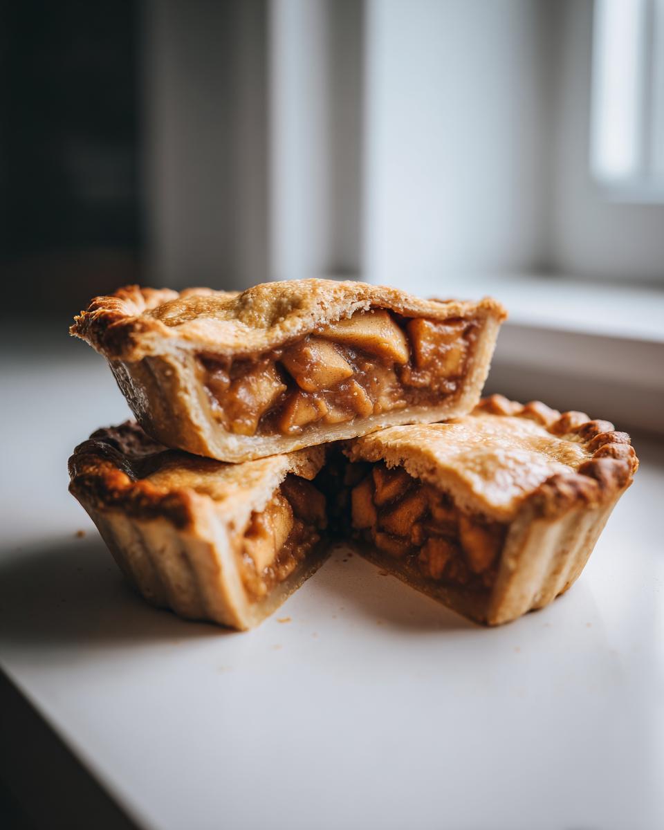 Close-up of two mini apple pies stacked, one cut open to show the spiced apple filling in this apple pie recipe.