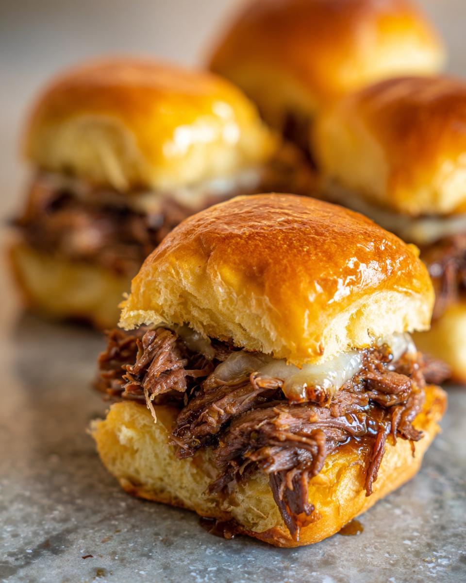 A close-up of one juicy Mississippi pot roast slider filled with shredded beef and melted cheese on a brioche bun.