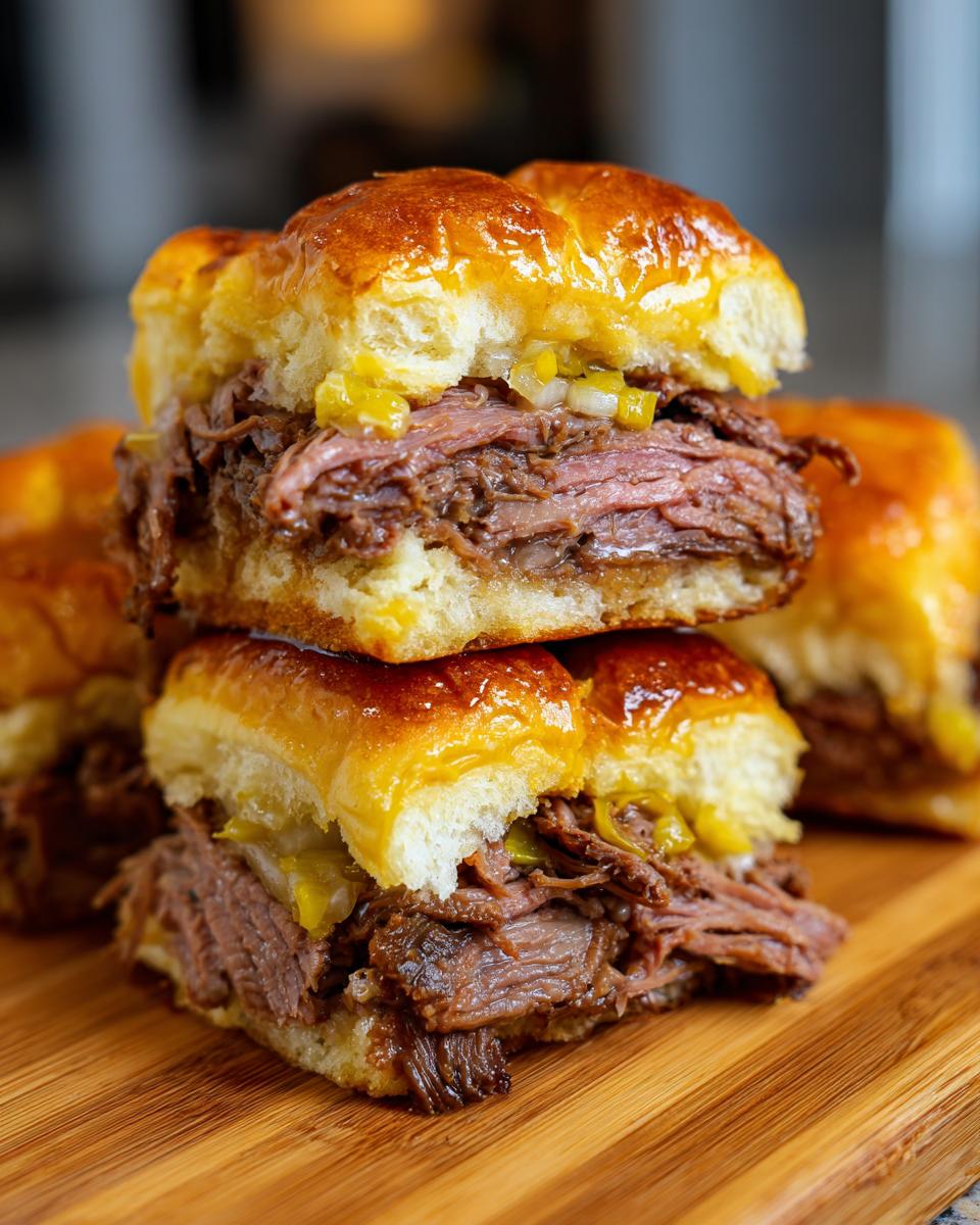 Close-up of stacked mississippi pot roast sliders featuring shredded beef and pepperoncini on glossy buns.