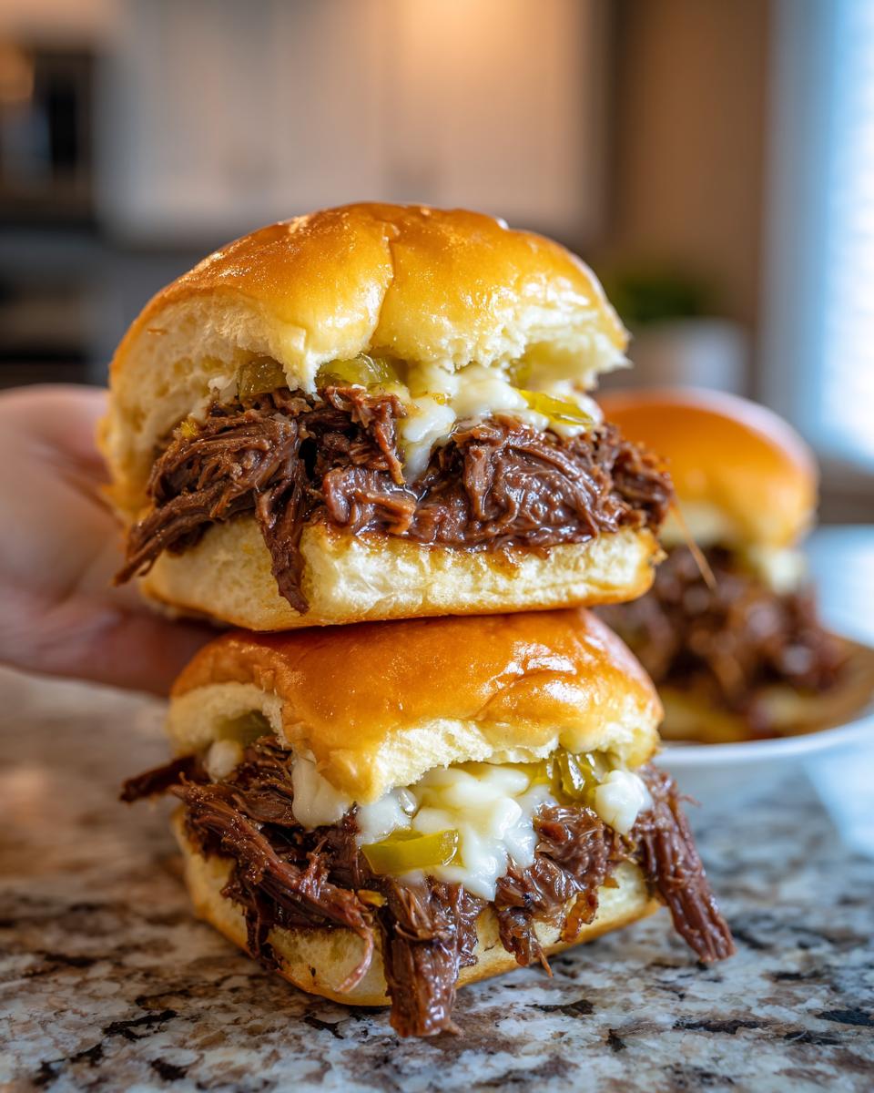 A hand holds two stacked mississippi pot roast sliders filled with shredded beef, melted cheese, and peppers on a granite counter.