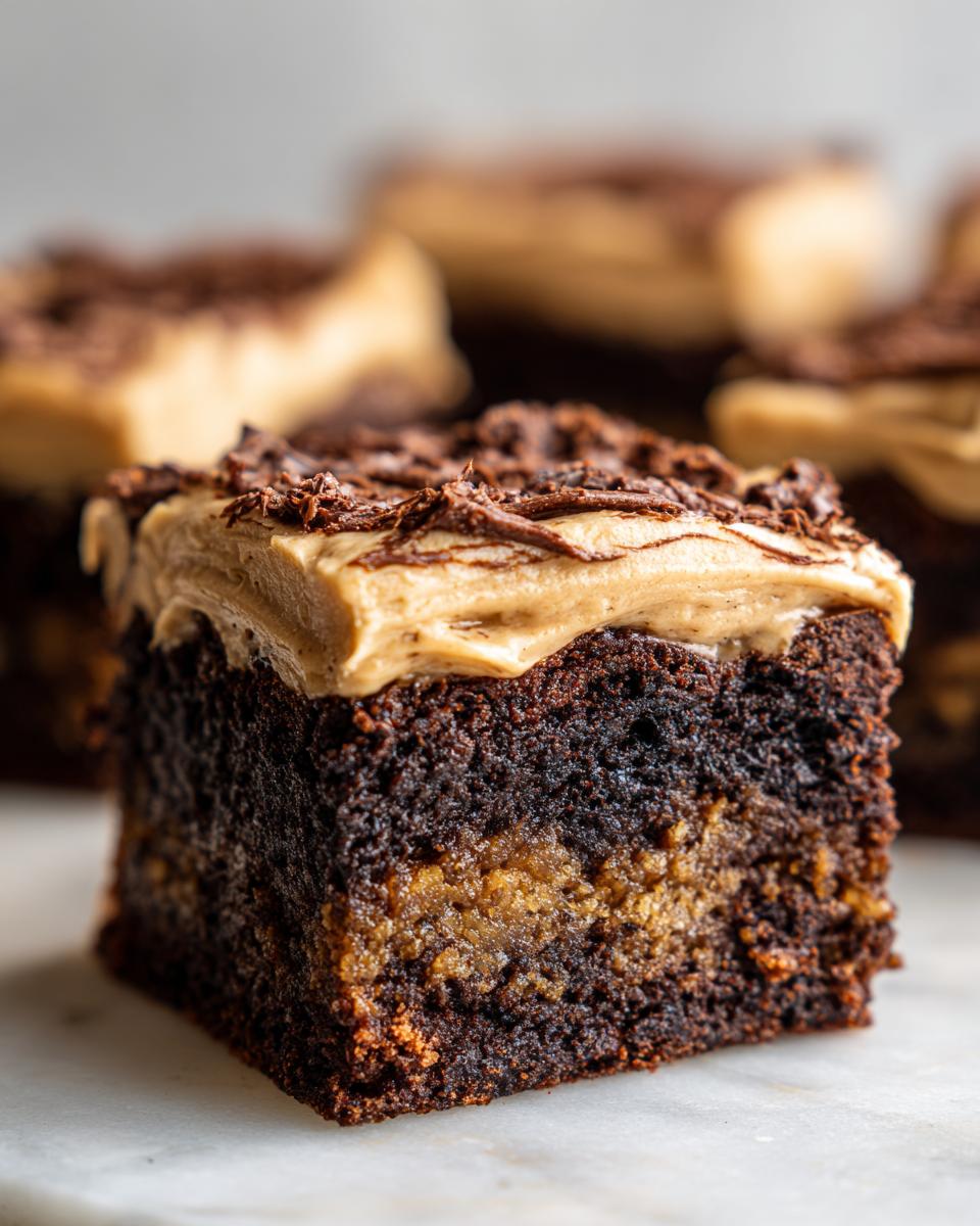 Close-up of a moist banana bread brownie square with a layer of peanut butter frosting and chocolate shavings.