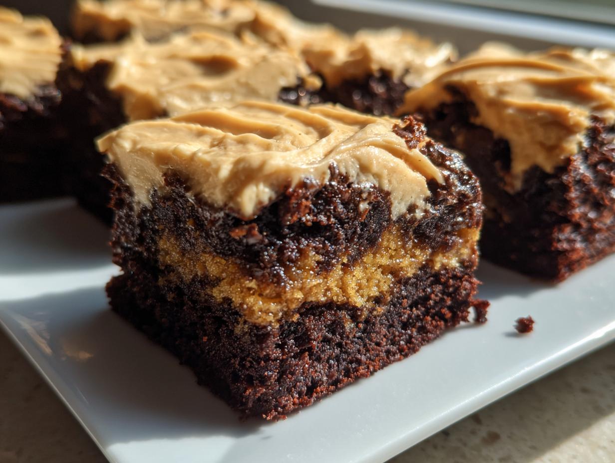 Close-up of a moist banana bread brownies square showing a dark chocolate base, a middle banana layer, and peanut butter frosting.