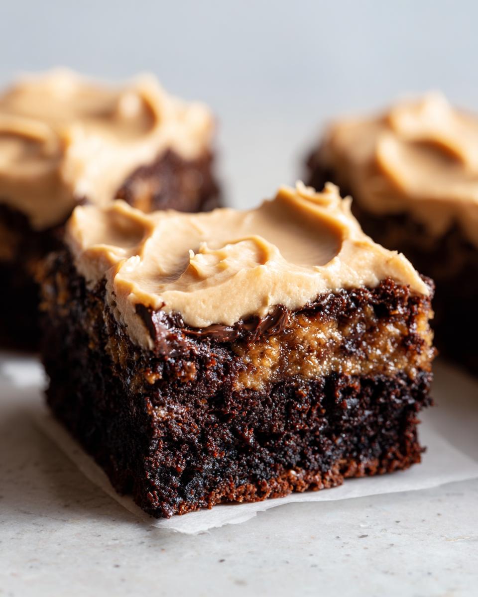 Close-up of a moist banana bread brownies square with a thick layer of peanut butter frosting on top.