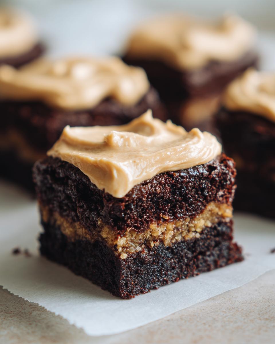 Close-up of a moist banana bread brownies square with a peanut butter layer and thick frosting.