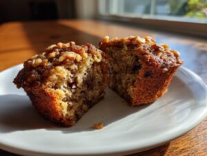 Close-up of a moist banana nut muffin cut in half, showing walnuts on top and a tender crumb.