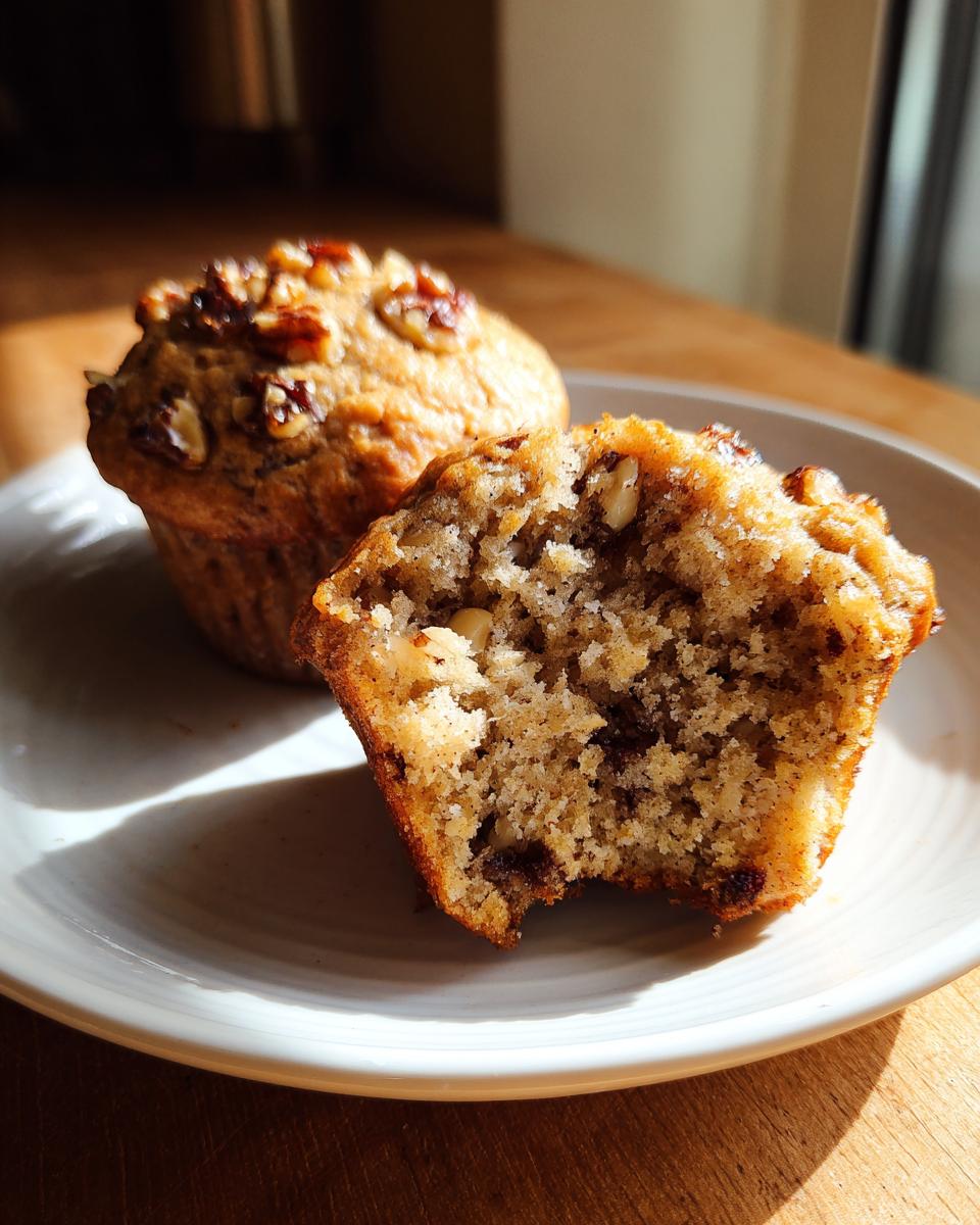 A close-up of a moist banana nut muffin cut in half showing the crumb texture and nuts inside.