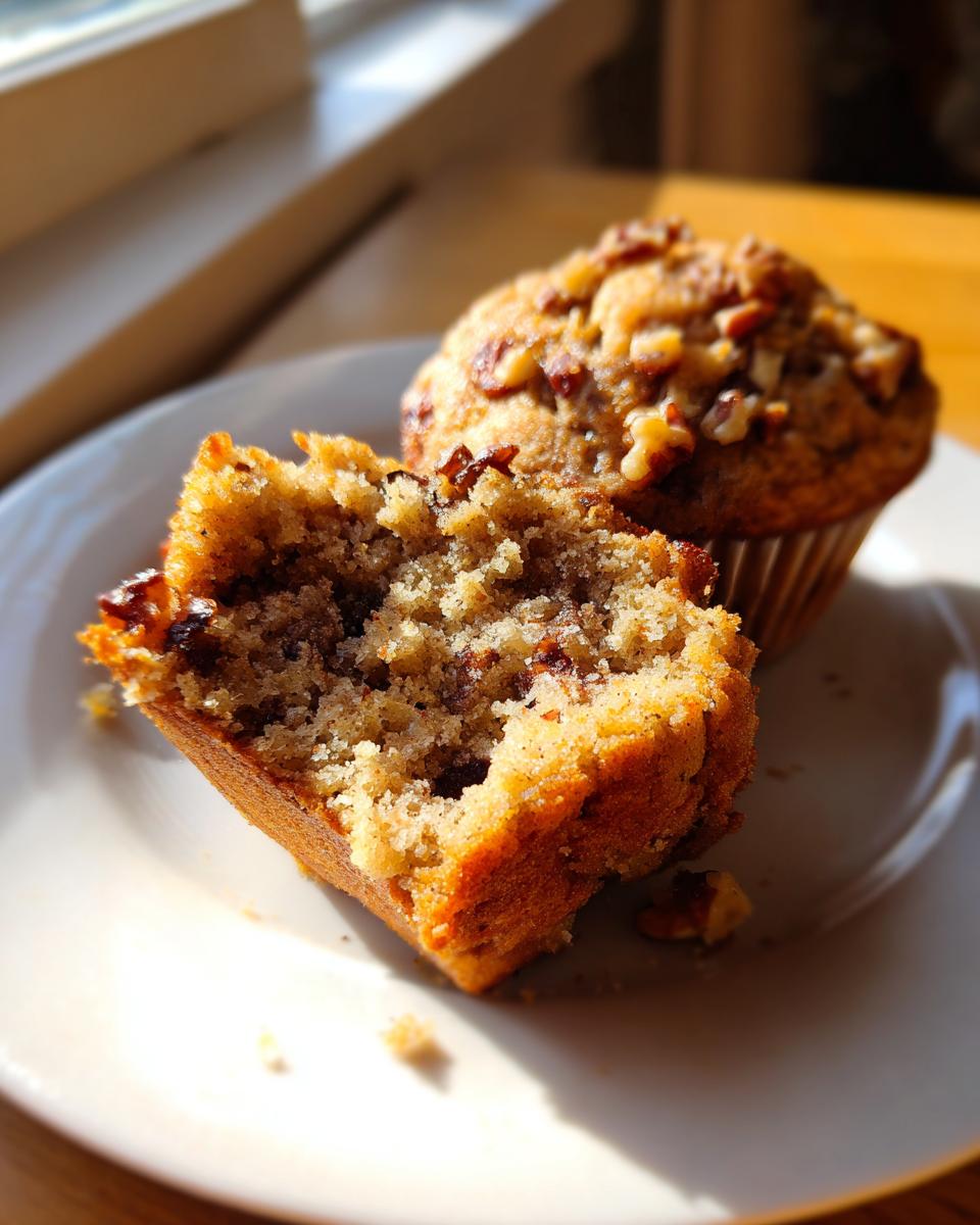 Close-up of a banana nut muffin broken in half showing the moist, crumbly interior and pecan topping.