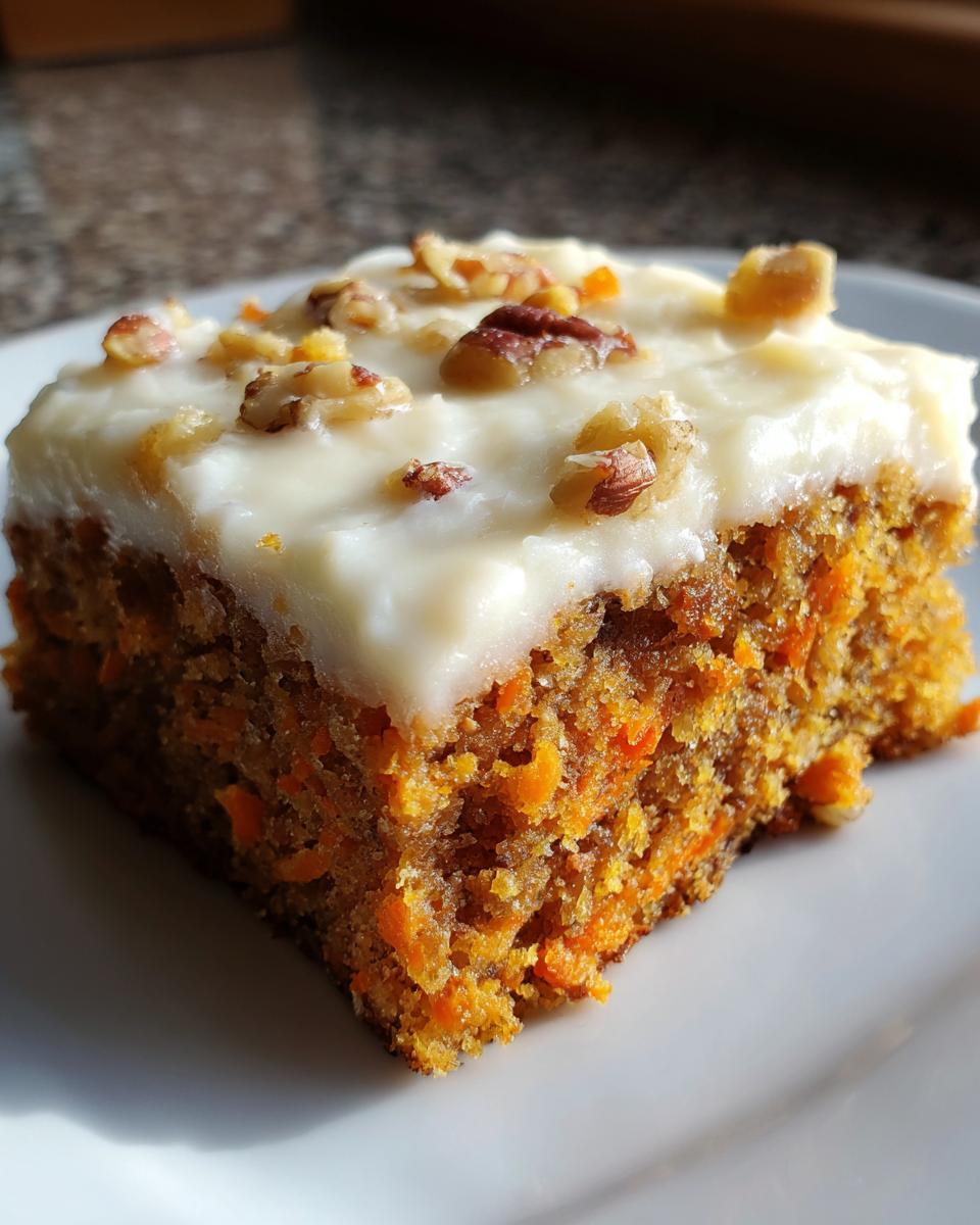 A moist square of carrot cake bars topped with thick cream cheese frosting and chopped pecans.