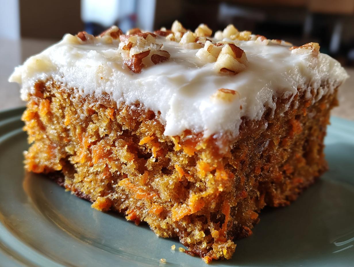 A thick slice of moist carrot cake bars topped with white cream cheese frosting and chopped pecans.
