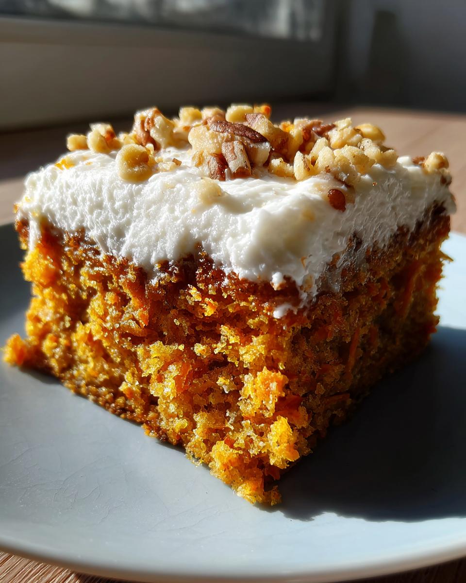 Close-up of a thick, moist slice of carrot cake bars topped with white cream cheese frosting and chopped walnuts.