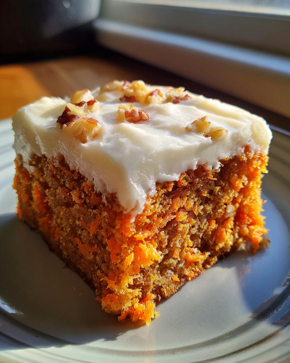 Close-up of a single serving of moist carrot cake bars topped with thick cream cheese frosting and chopped walnuts.