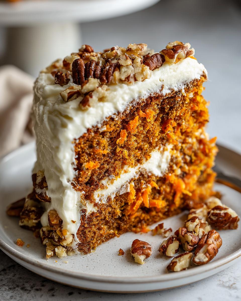 Close-up of a tall slice of carrot cake recipe layered with cream cheese frosting and topped with pecans.