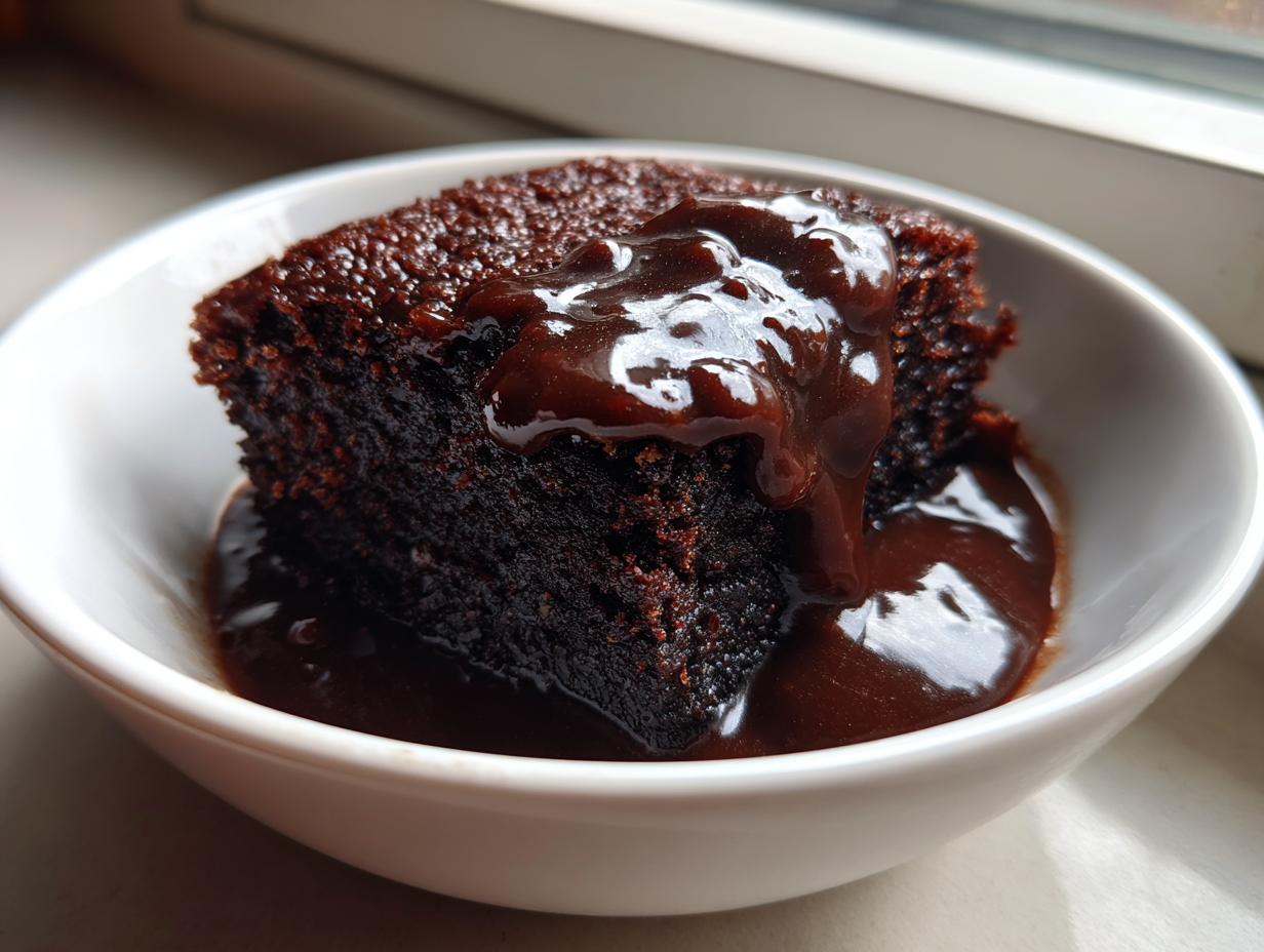 A rich slice of chocolate pudding cake topped with warm, gooey chocolate sauce served in a white bowl.