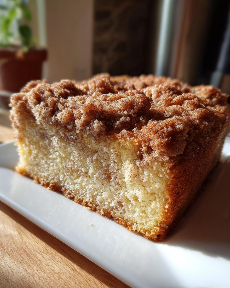 A close-up slice of moist coffee cake featuring a thick, sugary cinnamon crumb topping.