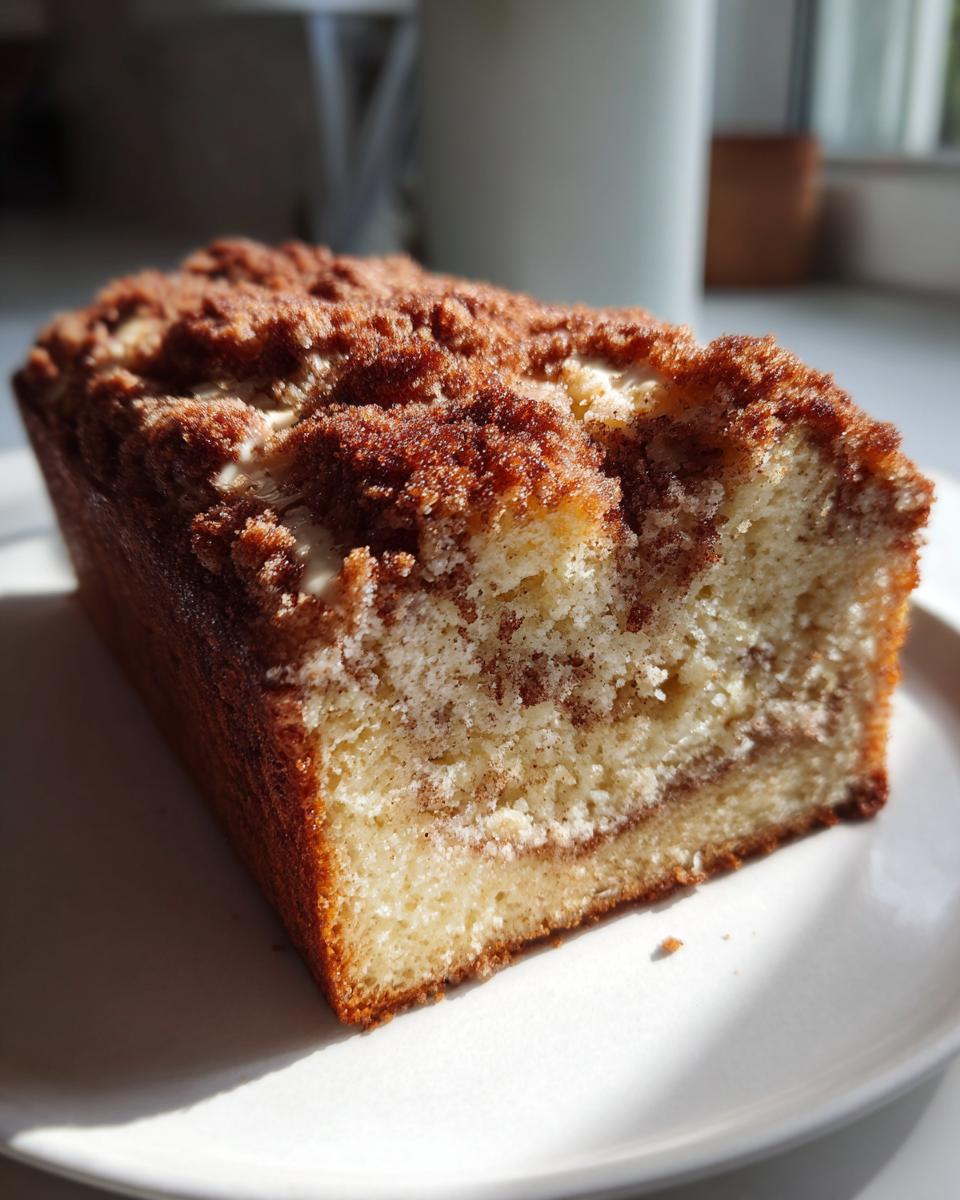 Close-up of a moist slice of coffee cake showing a cinnamon swirl interior and crumb topping.
