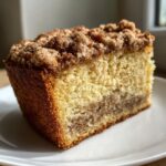 A close-up of a thick slice of moist coffee cake featuring a cinnamon swirl and generous brown sugar crumb topping.