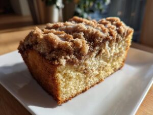 Close-up of a moist slice of coffee cake featuring a thick, sugary cinnamon crumb topping and light glaze.