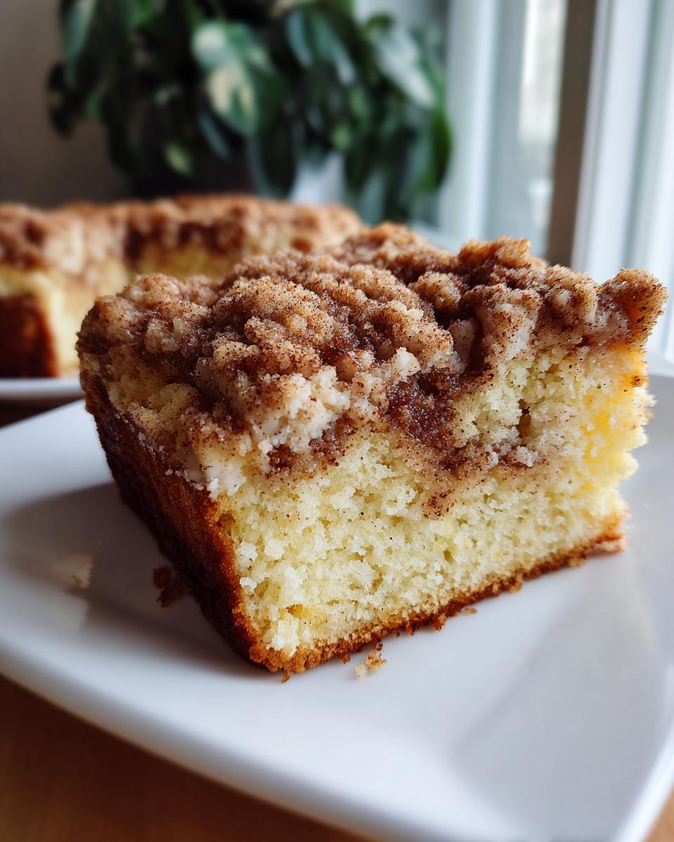 Close-up of a moist slice of coffee cake featuring a thick layer of cinnamon streusel topping.