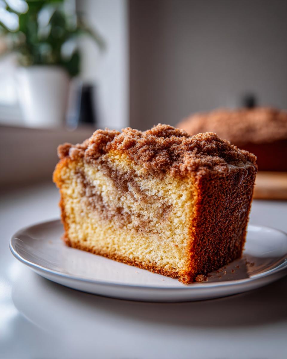 Close-up of a moist slice of coffee cake with a thick cinnamon streusel topping on a white plate.