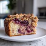 A close-up of a moist slice of plum cake featuring a rich crumb topping and baked-in purple plums.