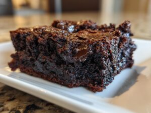 Close-up of a rich, fudgy slice of black bean brownies on a white plate, showing melted chocolate chips.