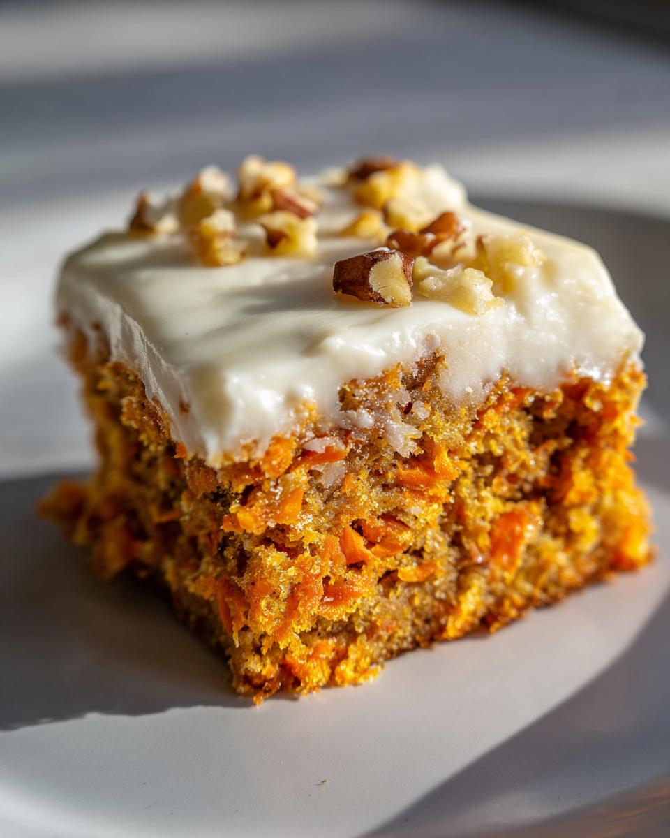 Close-up of a single, moist slice of carrot cake bars topped with thick cream cheese frosting and chopped walnuts.