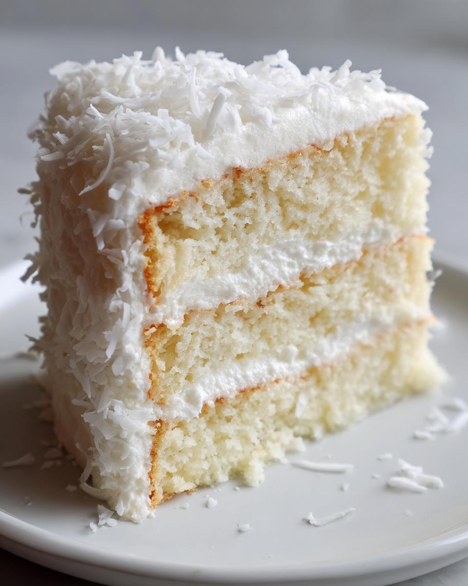 Close-up of a moist slice of layered coconut cake covered in white frosting and shredded coconut.