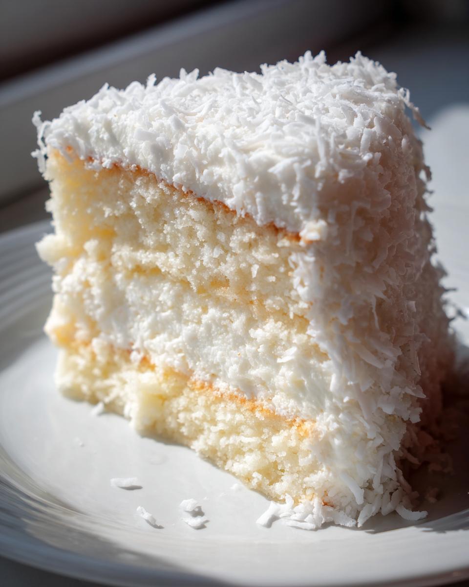 Close-up of a moist slice of layered coconut cake generously covered in shredded coconut.