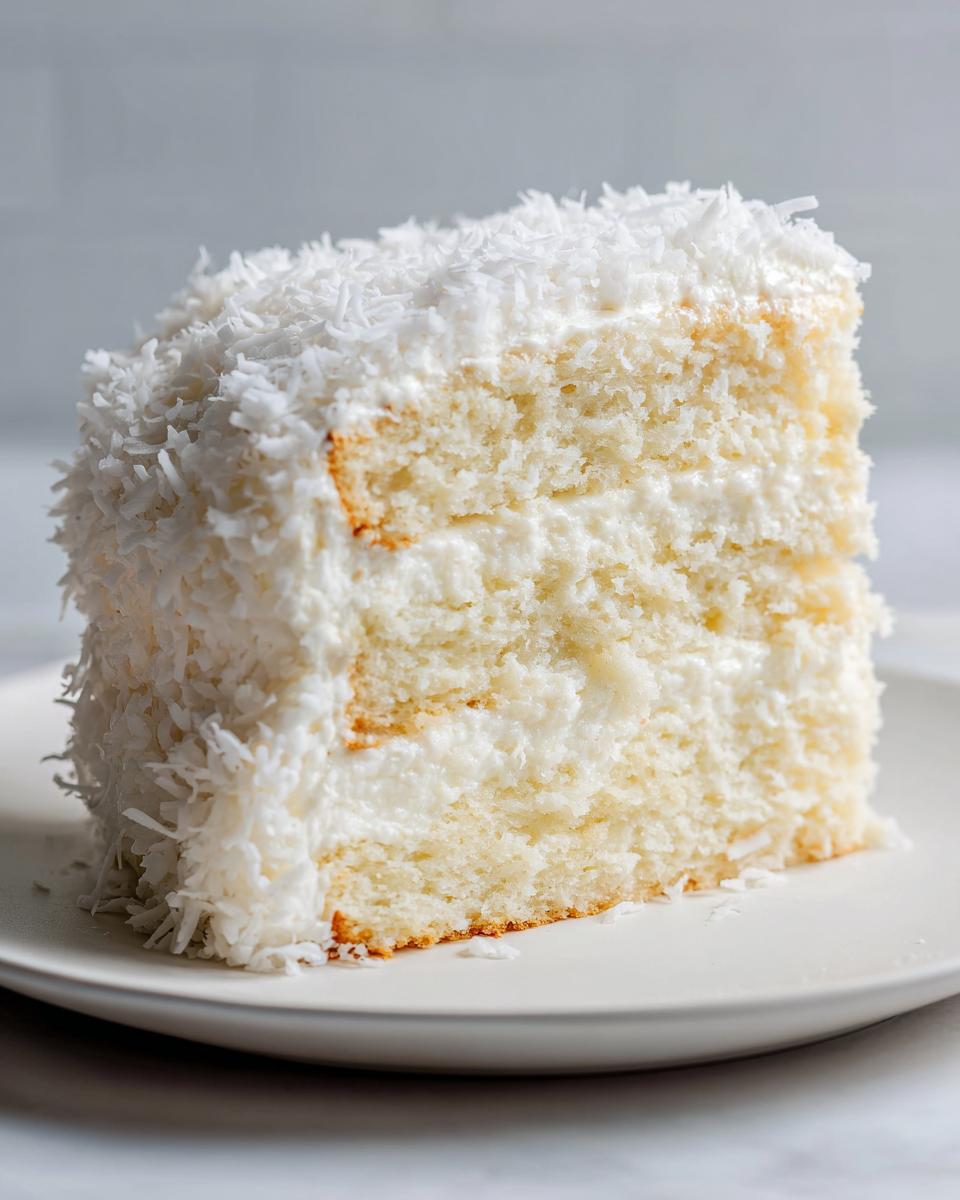 Close-up of a tall, moist slice of coconut cake layered with white frosting and covered in shredded coconut.