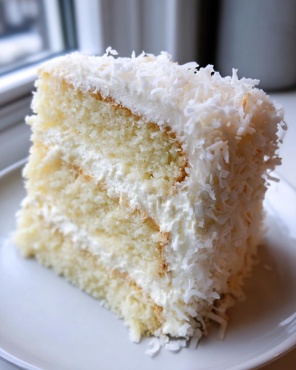 Close-up of a moist, three-layer coconut cake slice covered in white frosting and shredded coconut flakes.